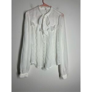 Women’s White Tie-Neck Swiss Dot Blouse